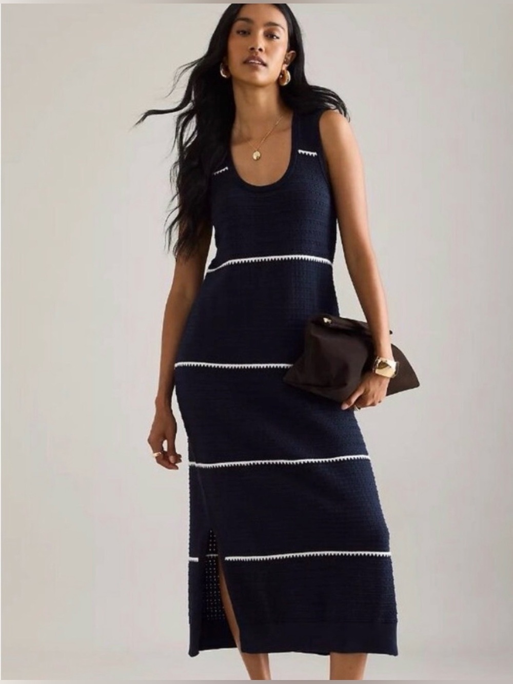 Varley Scott Scoop-Neck Sleeveless Midi Dress Navy White Stripe S